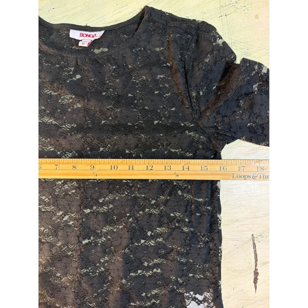Bongo Lace Top Women Medium Black Long Sleeve Sheer Floral Crew Neck Stretch - Picture 6 of 8
